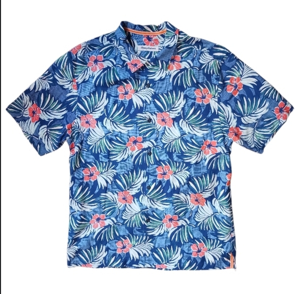 Tommy Bahama Marina Blooms Hawaiiam Shirt Madras Blue